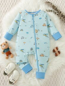 SHEIN Playful Pals 2025 春季嬰兒幼兒可愛綠色拖拉機印花連身衣，全新拉鍊設計時尚舒適時尚連身套裝 - 藍色 - 查看 6