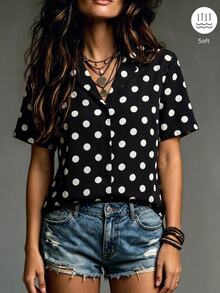 Franclia Casual Versatile Solid Color Lapel Short Sleeve Summer Women's Shirt - Multicolor - View 3