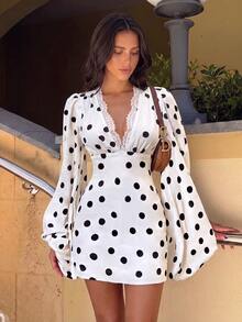 SHEIN Women's Elegant Autumn Knit Dress, White Romantic Sexy Polka Dot Short Dress With Lace Trim Patchwork, Deep V-Neck Long Sleeve Design, Minimalist Fashionable - White - View 5