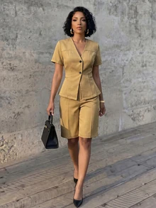 Eryvara Women's Khaki V-Neck Short-Sleeve Bermuda Suit Set, Double-Button Blazer With High-Waist Shorts, Sophisticated Occasion Wear For Summer Business - Khaki - View 6