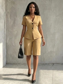 Eryvara Women's Khaki V-Neck Short-Sleeve Bermuda Suit Set, Double-Button Blazer With High-Waist Shorts, Sophisticated Occasion Wear For Summer Business - Khaki - View 2