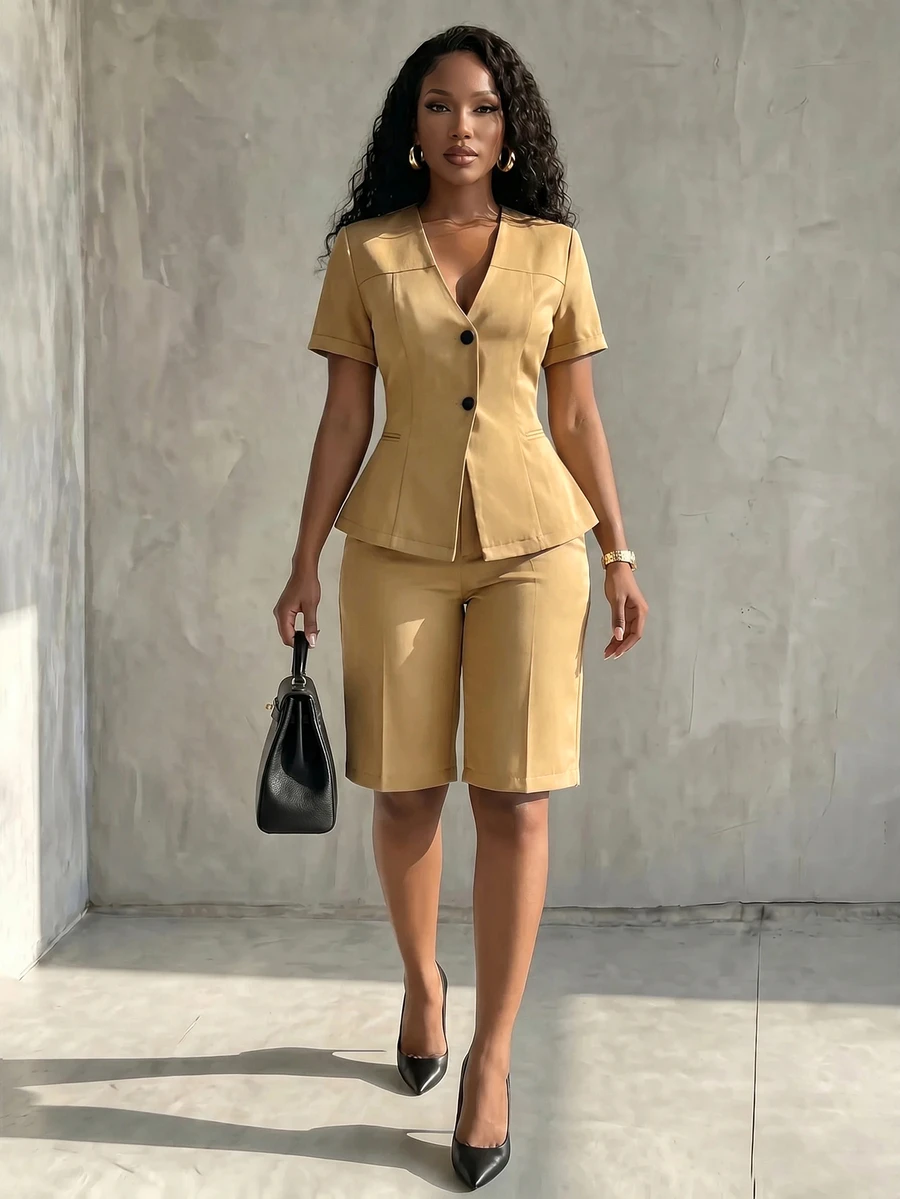 Eryvara Women's Khaki V-Neck Short-Sleeve Bermuda Suit Set, Double-Button Blazer With High-Waist Shorts, Sophisticated Occasion Wear For Summer Business