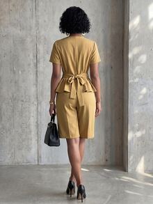 Eryvara Women's Khaki V-Neck Short-Sleeve Bermuda Suit Set, Double-Button Blazer With High-Waist Shorts, Sophisticated Occasion Wear For Summer Business - Khaki - View 3