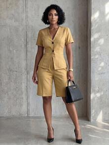Eryvara Women's Khaki V-Neck Short-Sleeve Bermuda Suit Set, Double-Button Blazer With High-Waist Shorts, Sophisticated Occasion Wear For Summer Business - Khaki - View 5