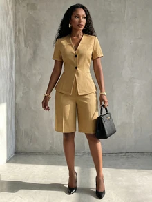 Eryvara Women's Khaki V-Neck Short-Sleeve Bermuda Suit Set, Double-Button Blazer With High-Waist Shorts, Sophisticated Occasion Wear For Summer Business - Khaki - View 7