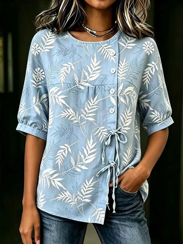 SHEIN Women's Light Blue Floral Floral Front Knot Blouse Vacation Summer Boho Vacation