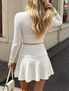 SHEIN PariChic Women's Versatile Sweet Long Sleeve Sweater And Pleated Mini Skirt 2 Pieces Set - White - View 2