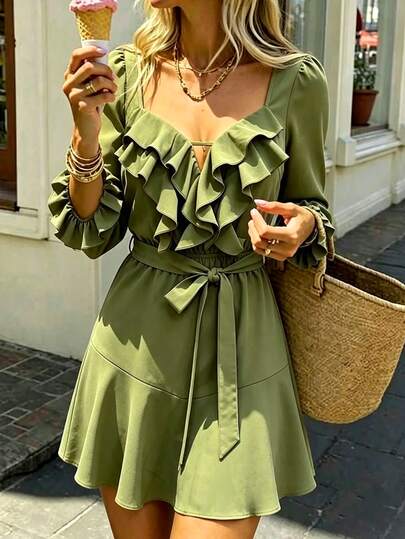 SHEIN PariChic Women's Solid Color Ruffle Pleated Casual Boho Bohemian Daily Vacation Dress Vacation Olive Green Autumn