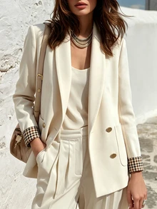 SHEIN Franclia Blazer Putih Krem dengan Manset Kotak-kotak Kontras, Cocok untuk Musim Semi/Panas dan Musim Gugur/Dingin, Mulai dari Kasual hingga Kantor Bisnis-Profesional - Krem - View 5