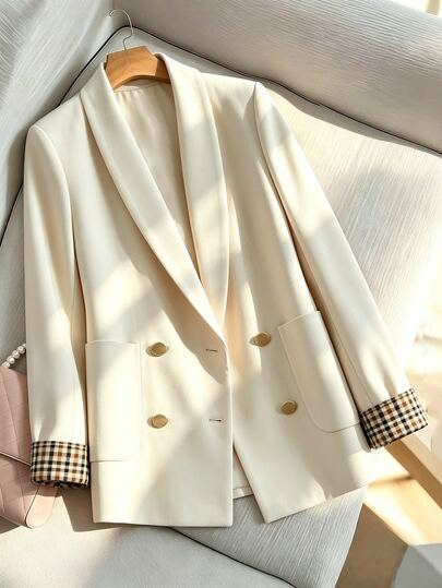 SHEIN Franclia Cream White Blazer With Contrasting Plaid Cuffs Suitable For Fall Ranging From Casual Elegant To Business-Professional Office