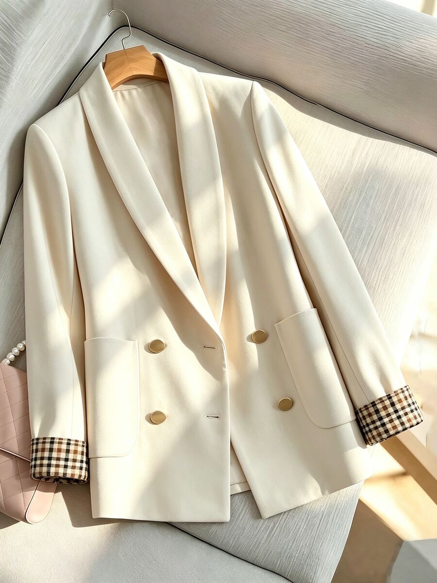 SHEIN Franclia Blazer Putih Krem dengan Manset Kotak-kotak Kontras, Cocok untuk Musim Semi/Panas dan Musim Gugur/Dingin, Mulai dari Kasual hingga Kantor Bisnis-Profesional - Krem - View 1