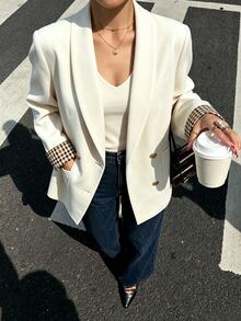 SHEIN Franclia Blazer Putih Krem dengan Manset Kotak-kotak Kontras, Cocok untuk Musim Semi/Panas dan Musim Gugur/Dingin, Mulai dari Kasual hingga Kantor Bisnis-Profesional - Krem - View 3