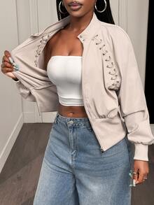 BamGleam Women's Solid Color Eyelet Design Raglan Long Sleeve Casual Jacket - Khaki - View 2