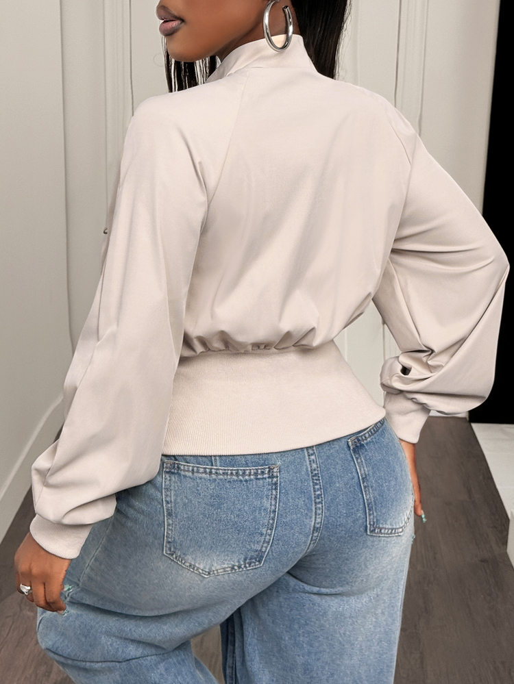 BamGleam Women's Solid Color Eyelet Design Raglan Long Sleeve Casual Jacket - Khaki - View 2