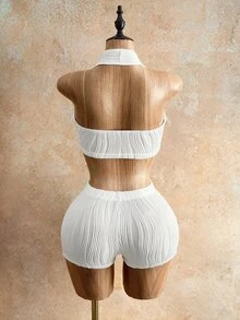 Zolique 女款白色羅紋掛脖套裝，紋理百褶針織短版上衣配環飾，波希米亞熱帶海灘派對度假風，性感夏季 - 白色 - 查看 6