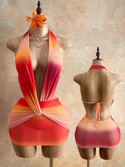 Mistrie Summer New Deep V-Neck Gradient Mesh Halter Neck Exposed Waist Twist Sexy Bodycon Vacation Style Dress Vacation Beach Party Club Red Orange Orange Red