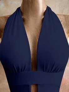 Mistrie 女款純色深V領百褶修身性感掛脖洋裝 - 藏蓝色 - 查看 6