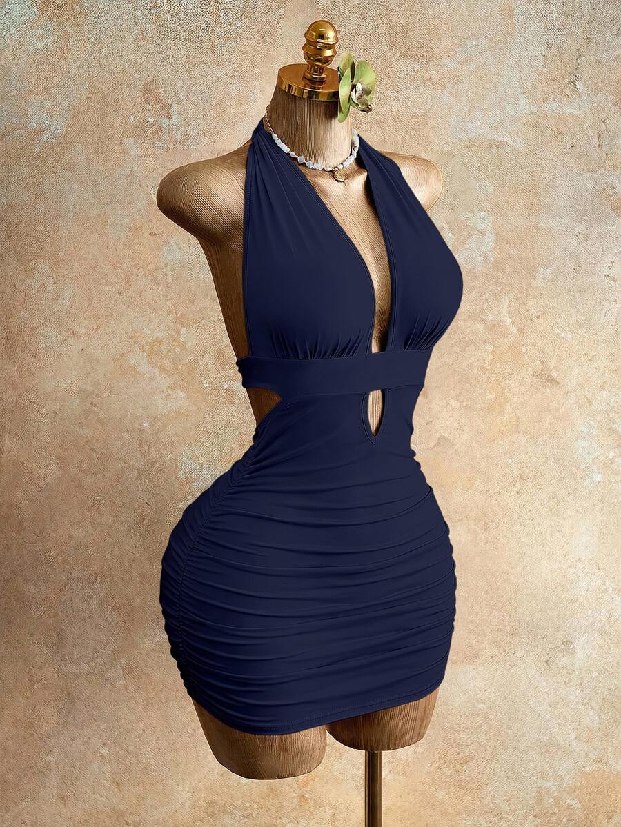 Mistrie 女款純色深V領百褶修身性感掛脖洋裝 - 藏蓝色 - 查看 1