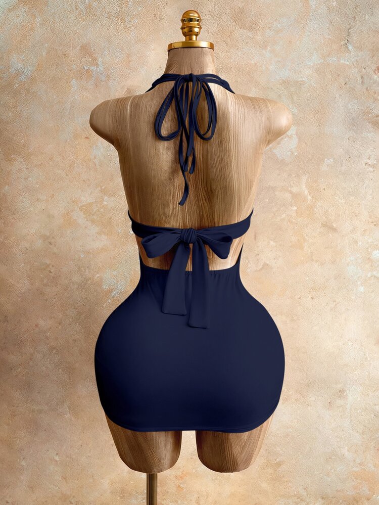 Mistrie Gaun Wanita Polos Berwarna Cokelat Tua dengan Lipatan, Potongan Pas Badan, dan Model Halter Neck Seksi - Navy Blue - View 4