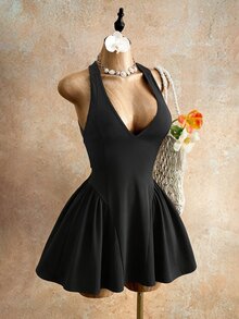 Mistrie 女款黑色深V領夏季性感時尚夜店無袖露背挖空蝴蝶結迷你派對洋裝，婚禮賓客A字無肩帶夜店穿搭 - 黑色 - 查看 7