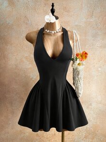 Mistrie 女款黑色深V領夏季性感時尚夜店無袖露背挖空蝴蝶結迷你派對洋裝，婚禮賓客A字無肩帶夜店穿搭 - 黑色 - 查看 3