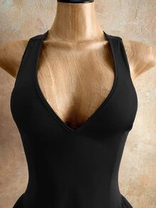 Mistrie 女款黑色深V領夏季性感時尚夜店無袖露背挖空蝴蝶結迷你派對洋裝，婚禮賓客A字無肩帶夜店穿搭 - 黑色 - 查看 8