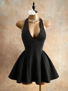 Mistrie 女款黑色深V領夏季性感時尚夜店無袖露背挖空蝴蝶結迷你派對洋裝，婚禮賓客A字無肩帶夜店穿搭 - 黑色 - 查看 5