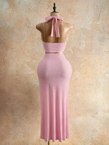 Mistrie 女款純色3D金屬花飾掛脖V領上衣與開衩緊身包臀裙兩件套，粉色夏季性感熱帶海灘派對穿搭 - 淺粉色 - 查看 4
