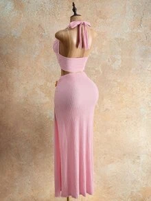 Mistrie 女款純色3D金屬花飾掛脖V領上衣與開衩緊身包臀裙兩件套，粉色夏季性感熱帶海灘派對穿搭 - 淺粉色 - 查看 7
