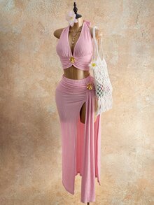 Mistrie 女款純色3D金屬花飾掛脖V領上衣與開衩緊身包臀裙兩件套，粉色夏季性感熱帶海灘派對穿搭 - 淺粉色 - 查看 6