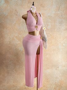Mistrie 女款純色3D金屬花飾掛脖V領上衣與開衩緊身包臀裙兩件套，粉色夏季性感熱帶海灘派對穿搭 - 淺粉色 - 查看 5