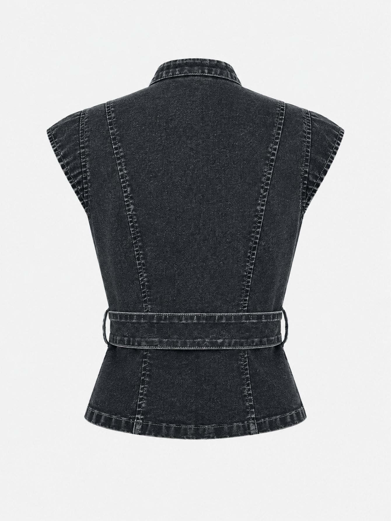 Black Denim Keyhole Neck Belted Top, view 6