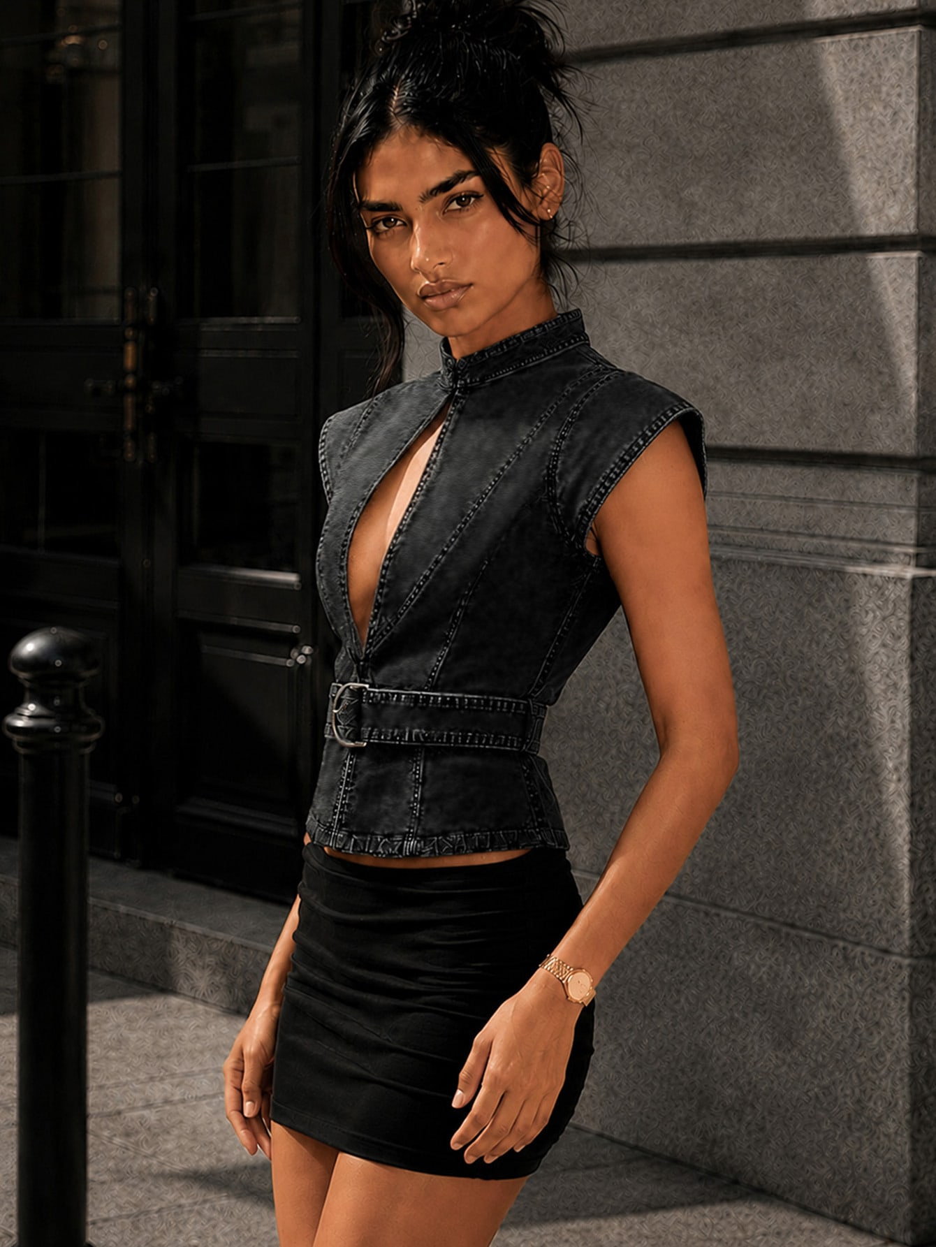Black Denim Keyhole Neck Belted Top, view 4