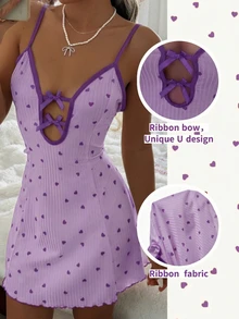 CottageSlumber Camisón sexy de punto acanalado con tirantes de espagueti, adornado con volantes en forma de corazón rojo y lazo para damas - Morado - Ver 4