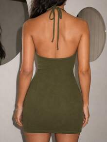 Zerodot Women Military Green Suede Fringe Mini Dress Vacation Party Fall Pre Fall - Army Green - View 2