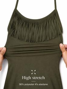 Zerodot Women Military Green Suede Fringe Mini Dress Vacation Party Fall Pre Fall - Army Green - View 8