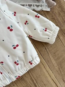 SHEIN 少女秋冬休閒櫻桃印花抓絨內裡連帽外套 - 紅白色 - 查看 6