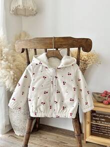 SHEIN 少女秋冬休閒櫻桃印花抓絨內裡連帽外套 - 紅白色 - 查看 7