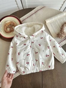 SHEIN 少女秋冬休閒櫻桃印花抓絨內裡連帽外套 - 紅白色 - 查看 2