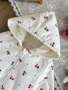 SHEIN 少女秋冬休閒櫻桃印花抓絨內裡連帽外套 - 紅白色 - 查看 5