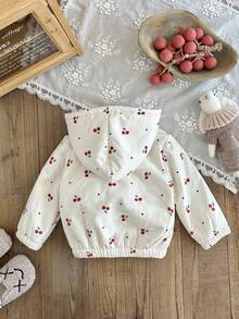 SHEIN 少女秋冬休閒櫻桃印花抓絨內裡連帽外套 - 紅白色 - 查看 3