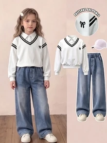 SHEIN 青少年女孩連帽衫與運動衫套裝，女孩白色風格 2 合 1 條紋 V 領蝴蝶結印花 Polo 運動衫，秋冬休閒長褲 - 白色 - 查看 4