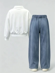 SHEIN 青少年女孩連帽衫與運動衫套裝，女孩白色風格 2 合 1 條紋 V 領蝴蝶結印花 Polo 運動衫，秋冬休閒長褲 - 白色 - 查看 2