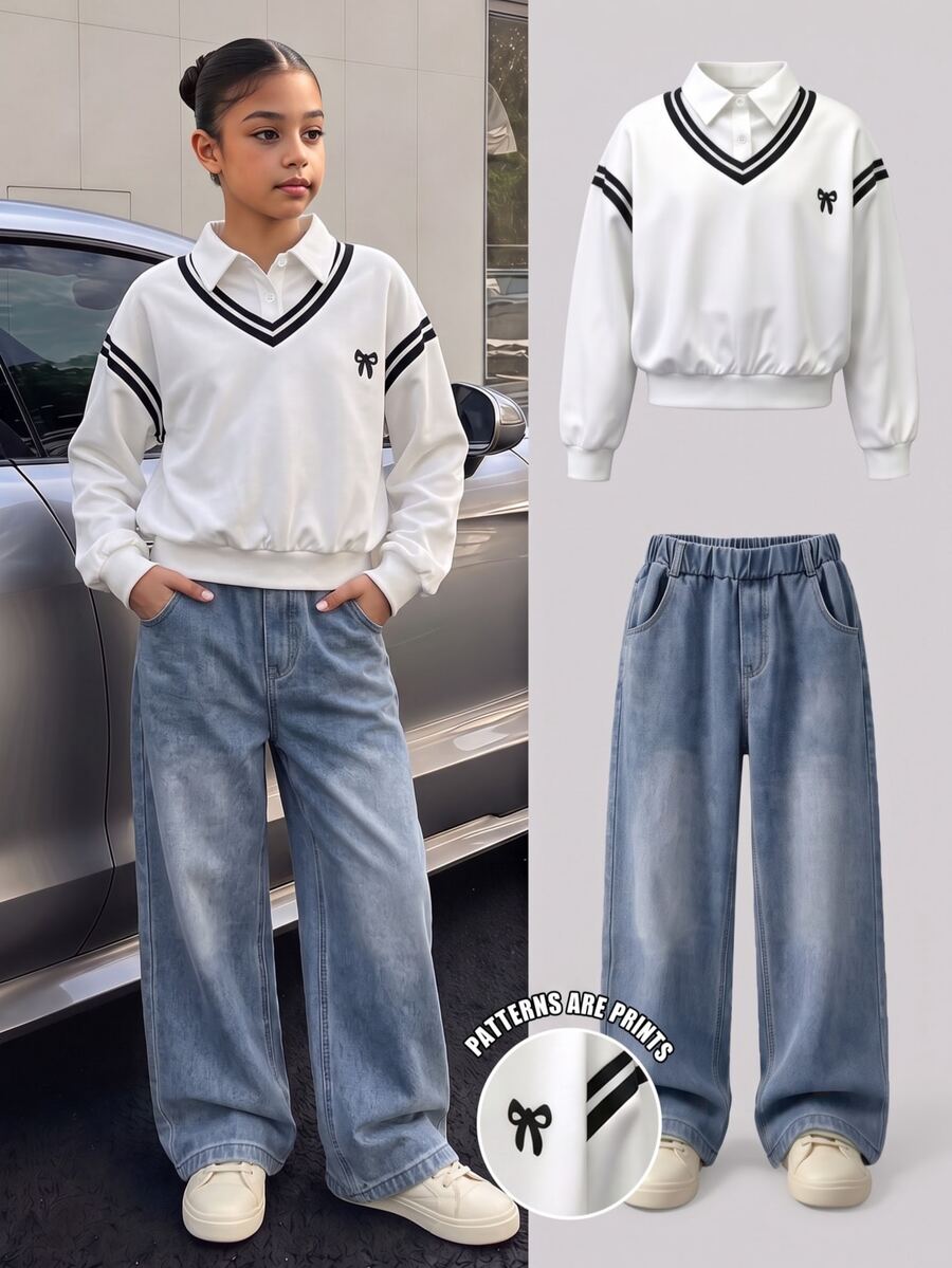 SHEIN 青少年女孩連帽衫與運動衫套裝,女孩白色風格 2 合 1 條紋 V 領蝴蝶結印花 Polo 運動衫,秋冬休閒長褲 - 白色 - 查看 1