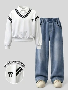 SHEIN 青少年女孩連帽衫與運動衫套裝，女孩白色風格 2 合 1 條紋 V 領蝴蝶結印花 Polo 運動衫，秋冬休閒長褲 - 白色 - 查看 6