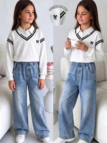 SHEIN 青少年女孩連帽衫與運動衫套裝，女孩白色風格 2 合 1 條紋 V 領蝴蝶結印花 Polo 運動衫，秋冬休閒長褲 - 白色 - 查看 5