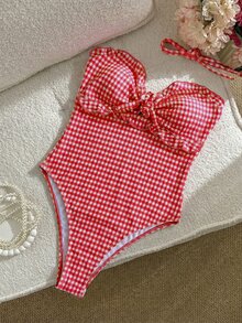 Swim Mod 女士时尚可爱沙滩装，特殊面料格子荷叶边露背连体泳衣，适合度假、派对、游艇、春夏穿着 - 紅色 - 查看 3
