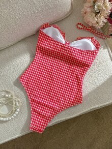 Swim Mod 女士时尚可爱沙滩装，特殊面料格子荷叶边露背连体泳衣，适合度假、派对、游艇、春夏穿着 - 紅色 - 查看 2