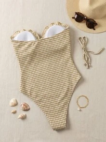 SHEIN Swim 女士春夏沙滩连衣裙，时尚可爱，适合度假/派对/游艇穿着，特殊面料格子荷叶边吊带连体连衣裙 - 彩色 - 查看 2
