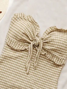 SHEIN Swim 女士春夏沙滩连衣裙，时尚可爱，适合度假/派对/游艇穿着，特殊面料格子荷叶边吊带连体连衣裙 - 彩色 - 查看 4
